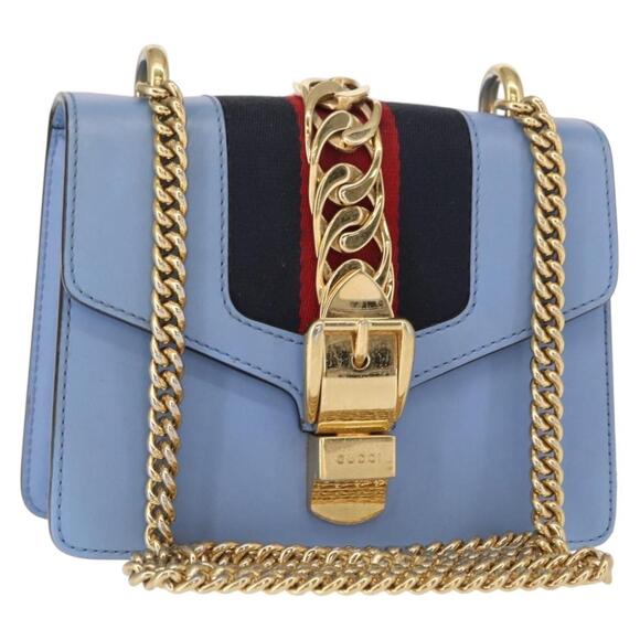 GUCCI Sylvie Sherry Line Chain Bag Leather Light Blue Gold 431666 Auth bs31431